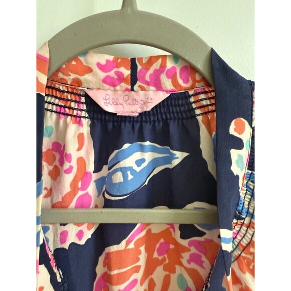 Lilly Pulitzer Dahlia Silk Top in Navy Bright Pom Pom Print - Picture 3 of 8